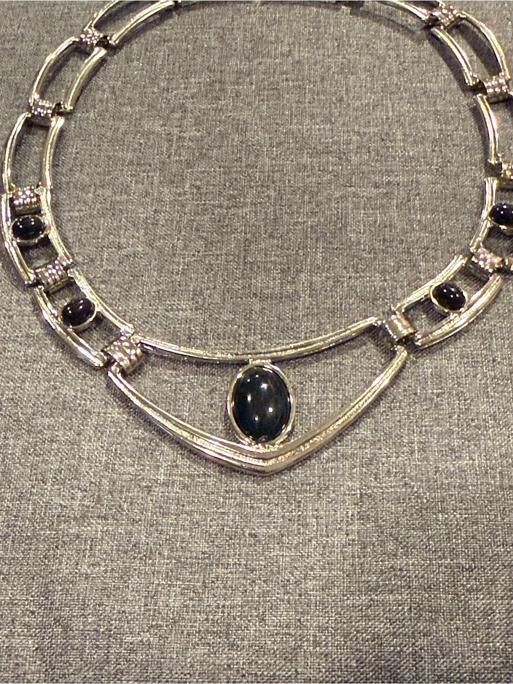Vintage Silver Tone Black Cabochon Statement Collar Necklace Art Deco Style